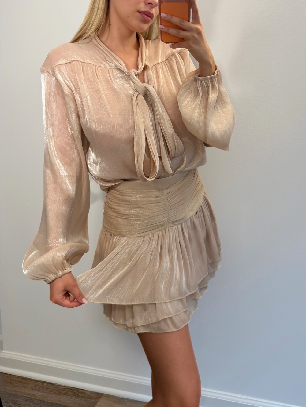 Shimmery Cream Pleated Tie-Neck Mini Dress